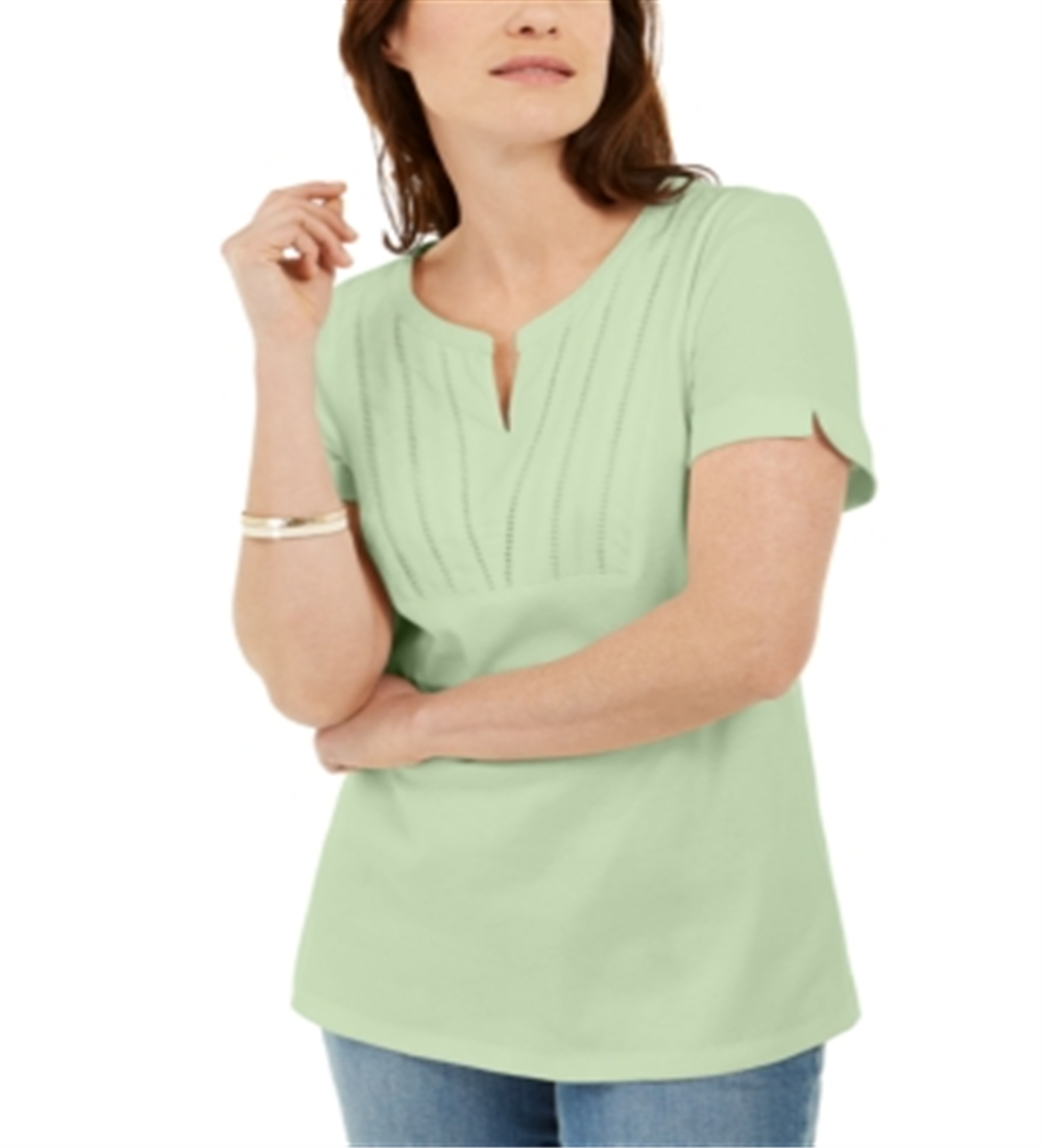 Karen Scott Women's Woven Split Neck Top Green Size Small