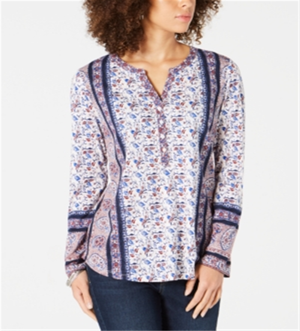 Style & Co Women's Patchwork Print Top Blue Size Small
