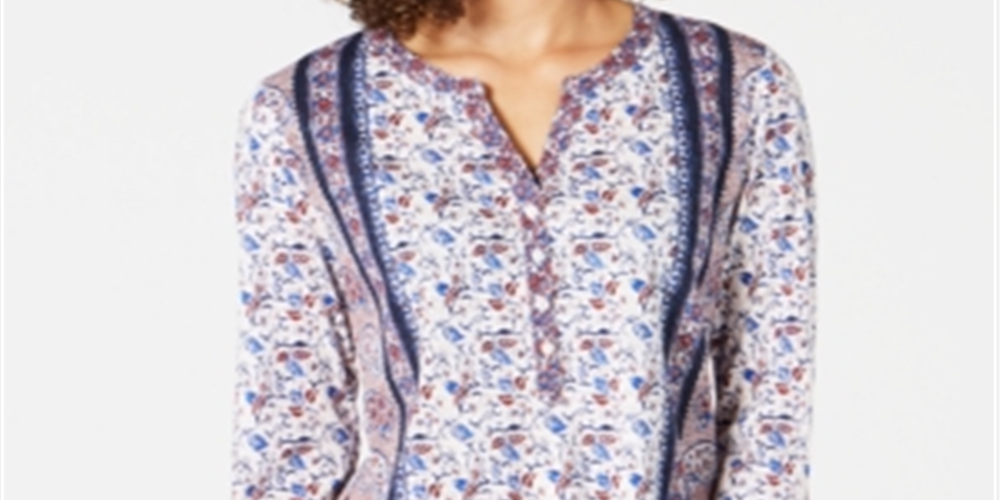 Style & Co Women's Patchwork Print Top Blue Size Small