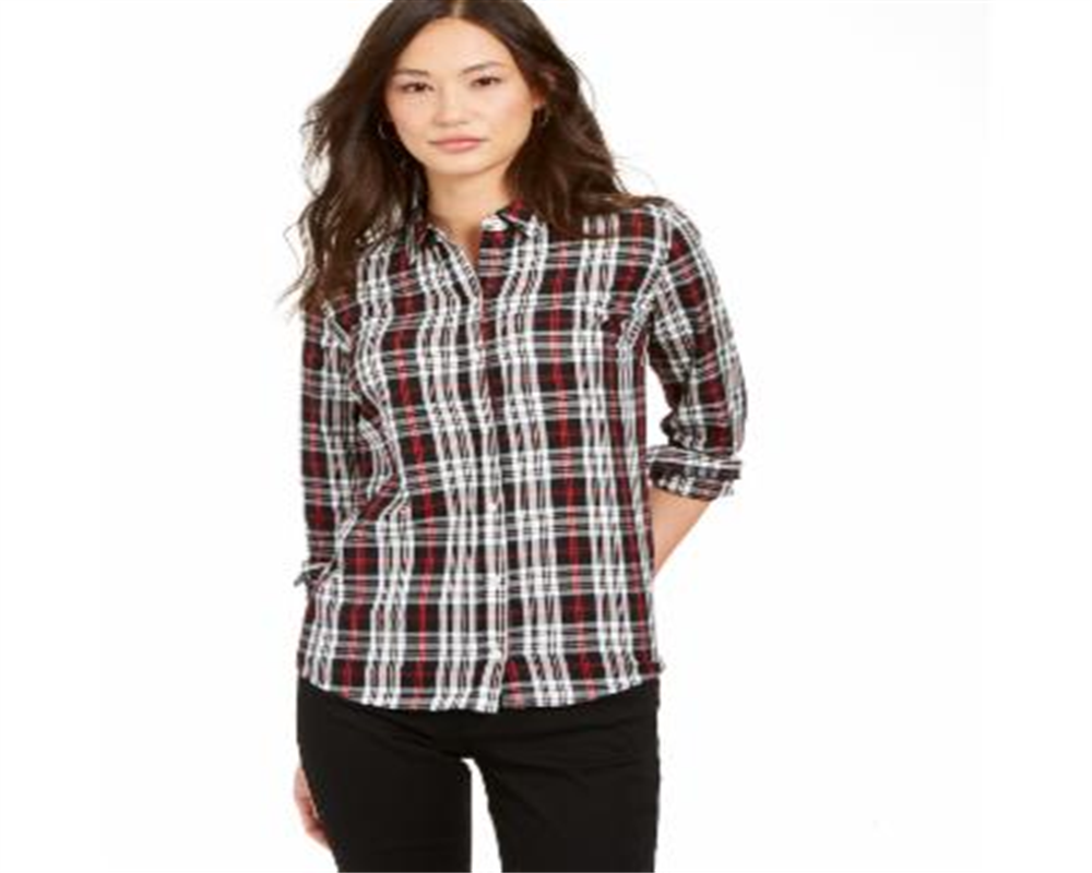 Charter Club Women's Plaid Cotton Button up Shirt  Black Size Petite L