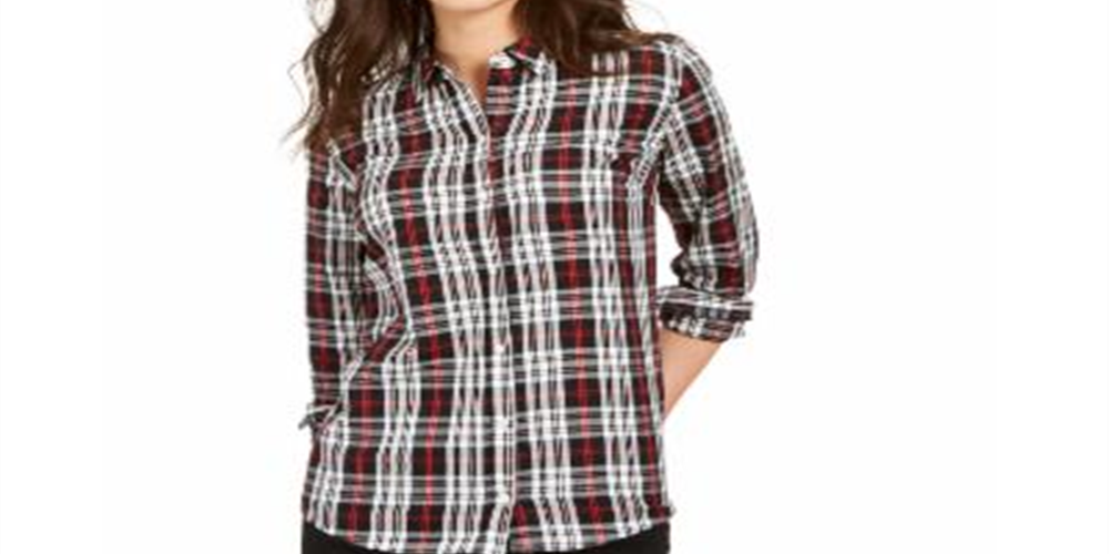 Charter Club Women's Plaid Cotton Button up Shirt  Black Size Petite L