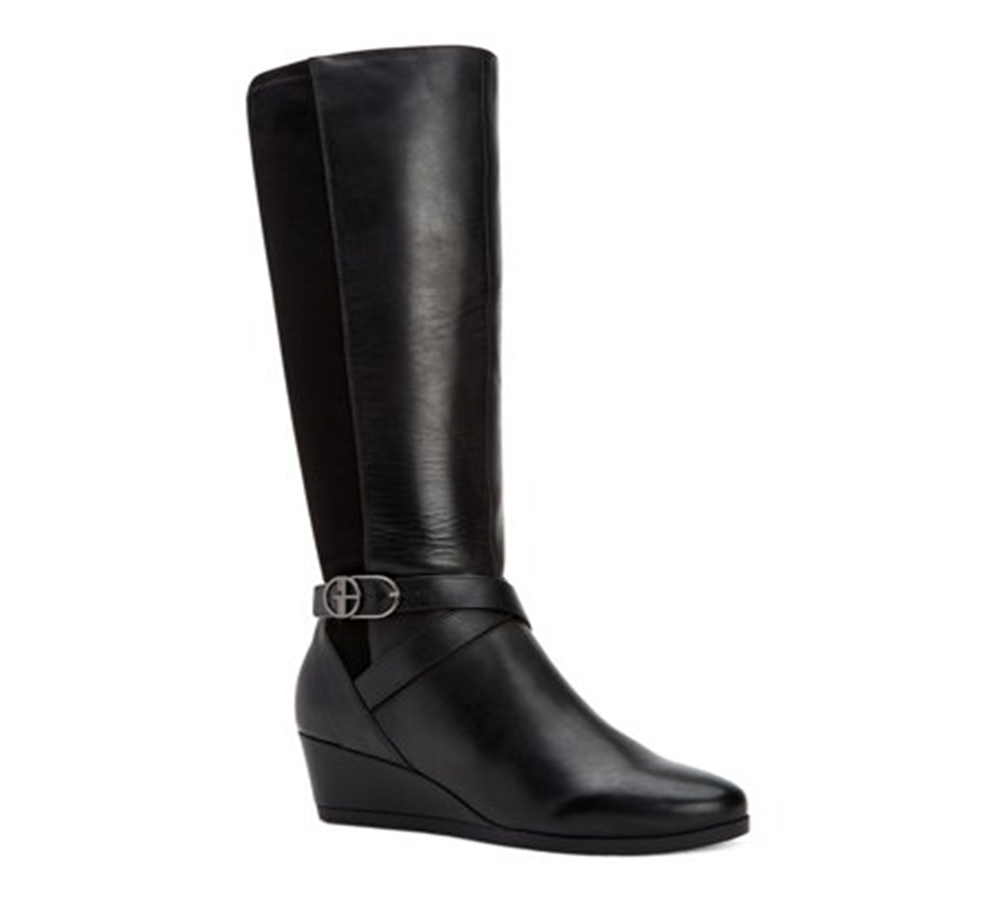 Giani Bernini Women's Buckle Accent Round Toe Wedge Zip up Heeled Boots Black Size 5.5 M