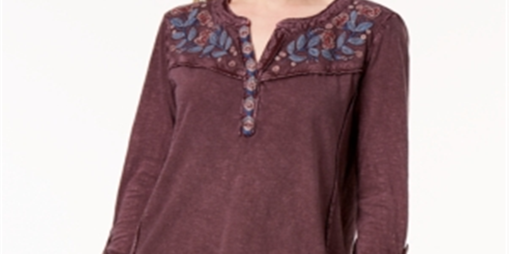 Style & Co Women's Embroidered Cotton Roll Tab Sleeve Top Red Size X-Small