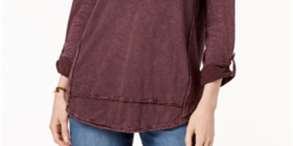 Style & Co Women's Embroidered Cotton Roll Tab Sleeve Top Red Size X-Small
