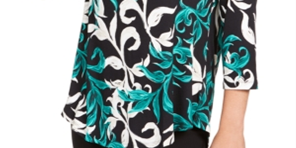 JM Collection Women's Printed Scoop Neck Top Green Size X-Small