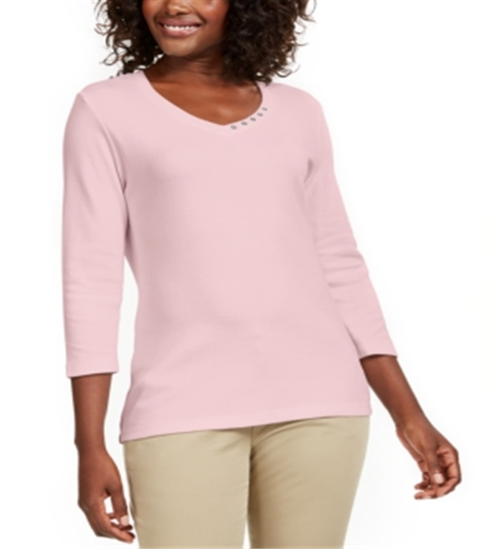 Karen Scott Women's Grommet Neck Cotton Top Pink Size X-Small