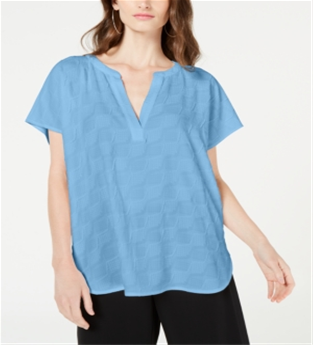 Alfani Women's Blouse Textured Split V Neck Blue Size Medium