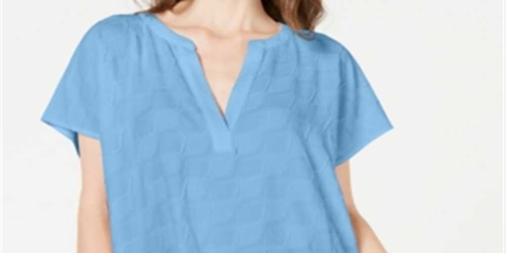 Alfani Women's Blouse Textured Split V Neck Blue Size Medium