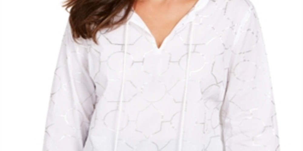 Charter Club Women's Foil Print Linen Top White Size Small