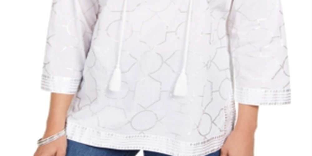 Charter Club Women's Foil Print Linen Top White Size Small