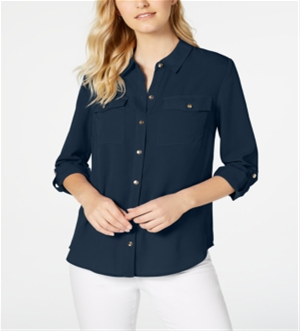 Charter Club Women's Two Pocket Shirt Blue Size Large
