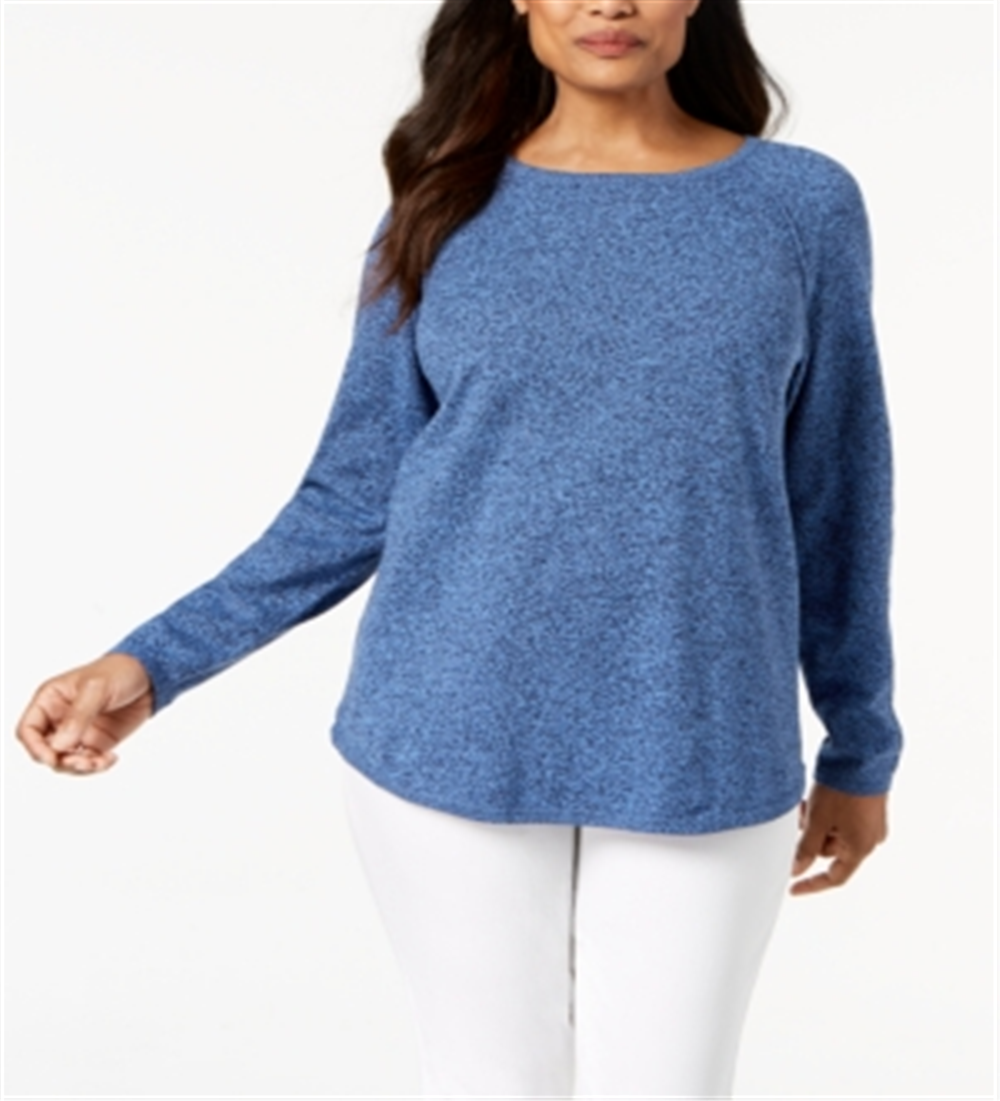 Karen Scott Women's Cotton Curved-Hem Sweater Blue Size Petite S