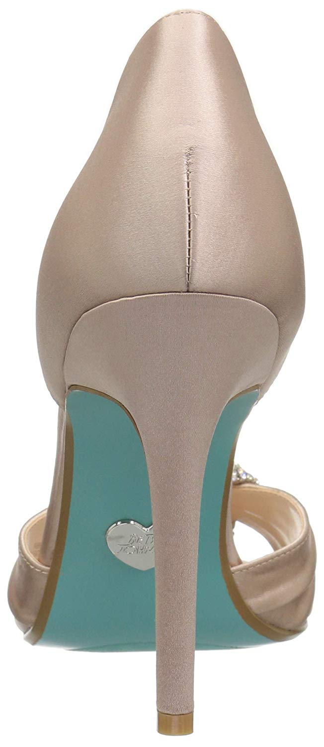 Betsey Johnson Women's Briar Fabric Peep Toe Ankle Strap Classic Pumps Nude Satin Size 5.5 M