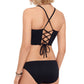 Salt+ Cove Women's Stretch Push up Ruffled Textured Tie Adjustable Smocked Halter Swimsuit Top Black Size Medium