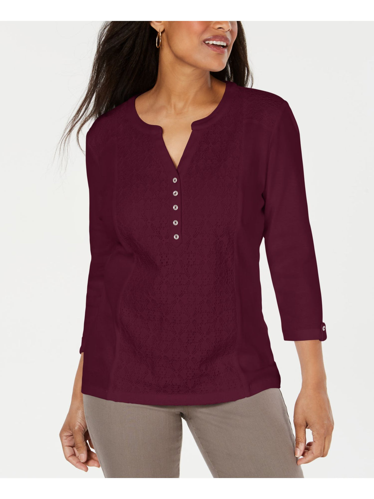 Karen Scott Women's loral 3/4 Sleeve with Buttons Sweater Wine Size Petite X-Large