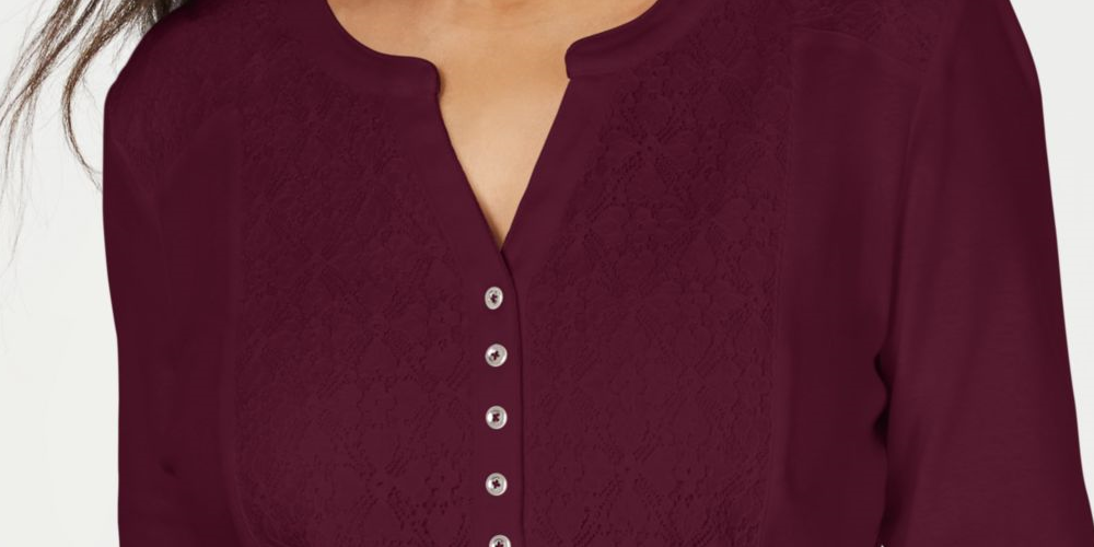 Karen Scott Women's loral 3/4 Sleeve with Buttons Sweater Wine Size Petite X-Large