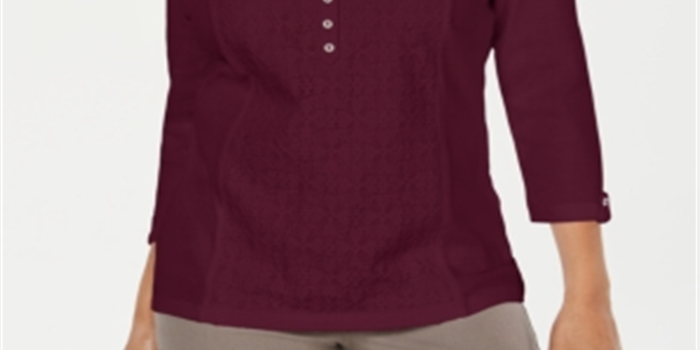 Karen Scott Women's loral 3/4 Sleeve with Buttons Sweater Wine Size Petite X-Large