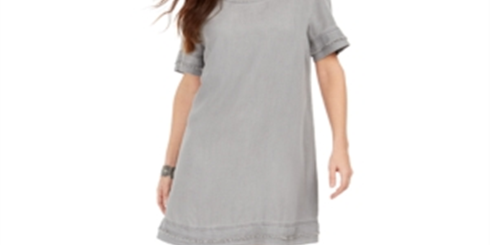 Style & Co Women's Fringed Denim T-Shirt Dress Gray Size Small
