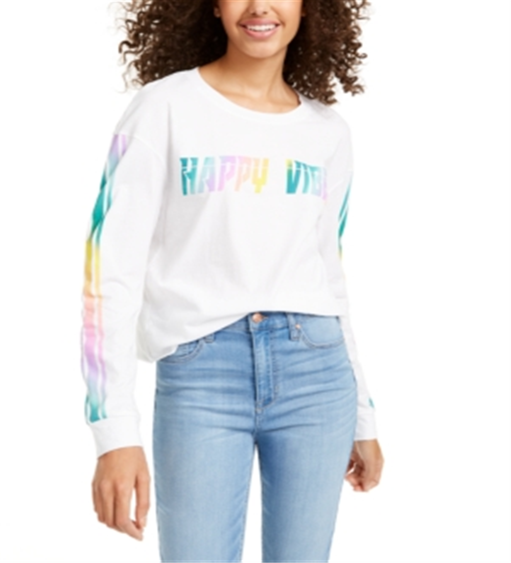 Rebellious One Junior's Happy Vibes Long Sleeved Graphic T-Shirt White Size Large