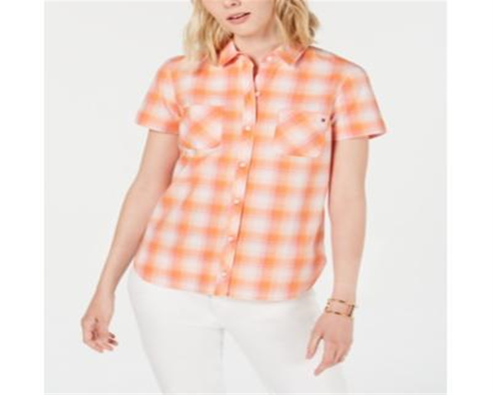Tommy Hilfiger Women's Plaid Button Down Top Orange Size Medium