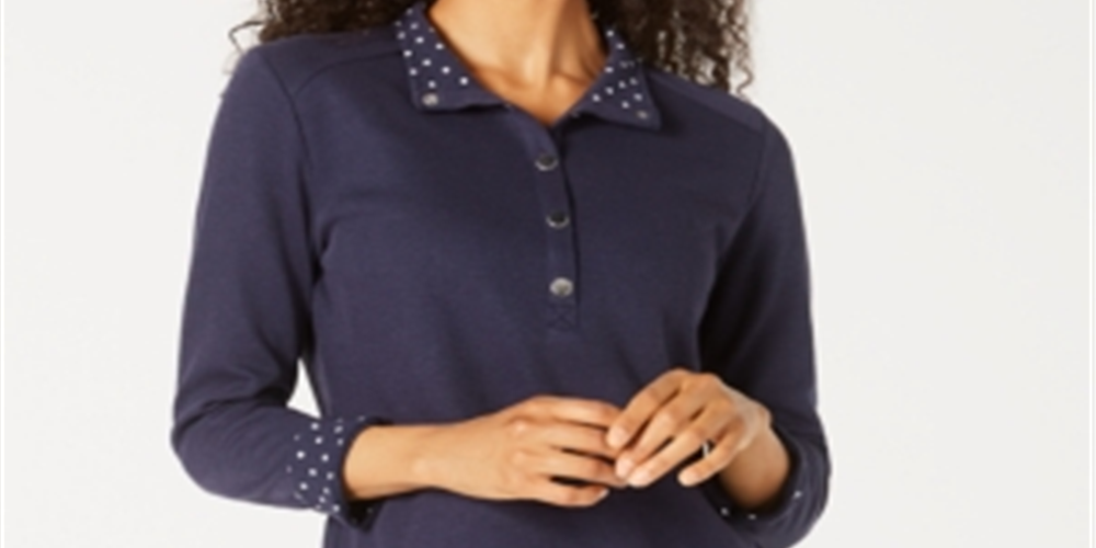 Karen Scott Women's Solid & Printed Collared Top Blue Size Petite