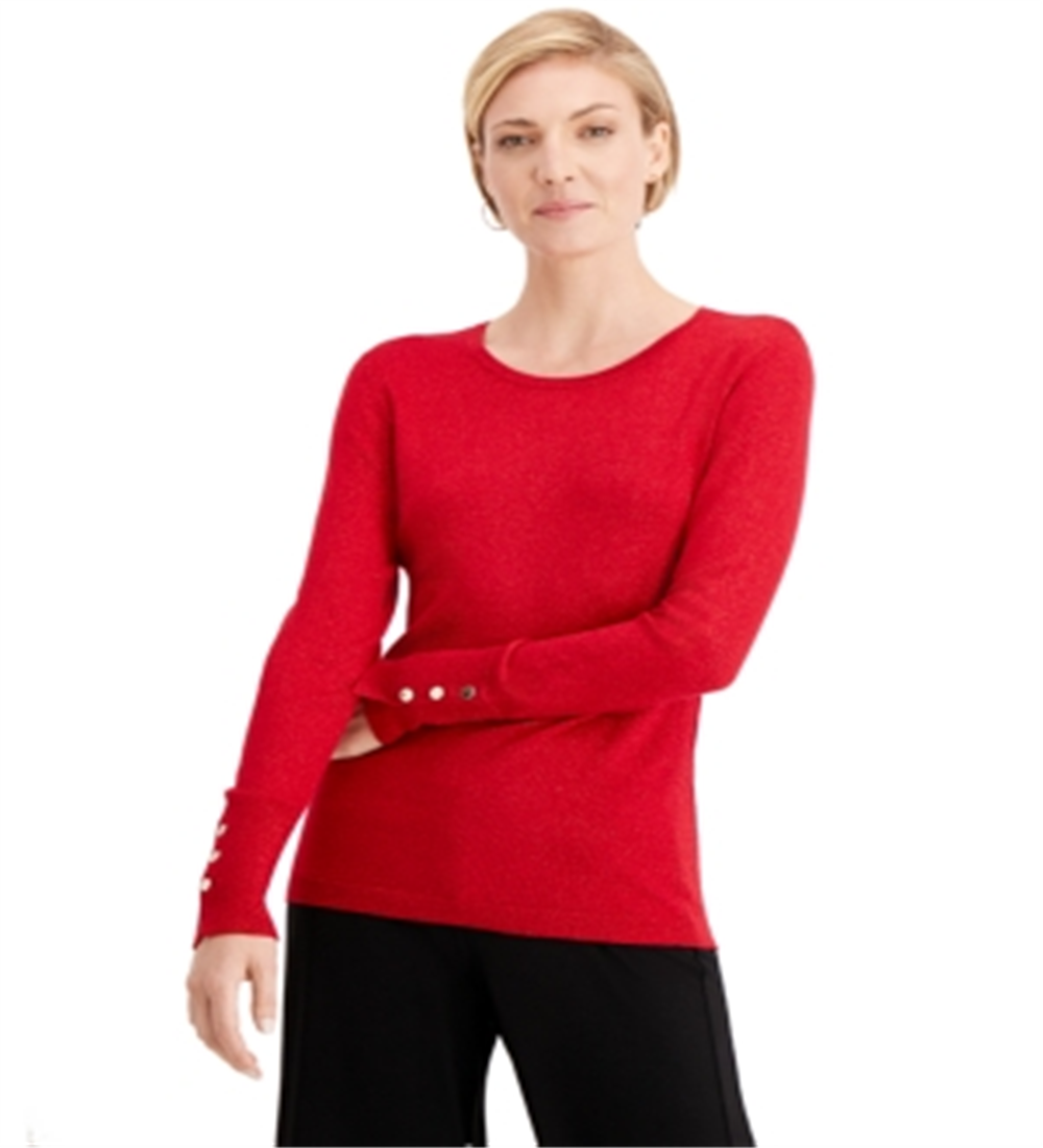 JM Collection Women's Metallic Round Neck Stud Cuff Sweater Red Size Small