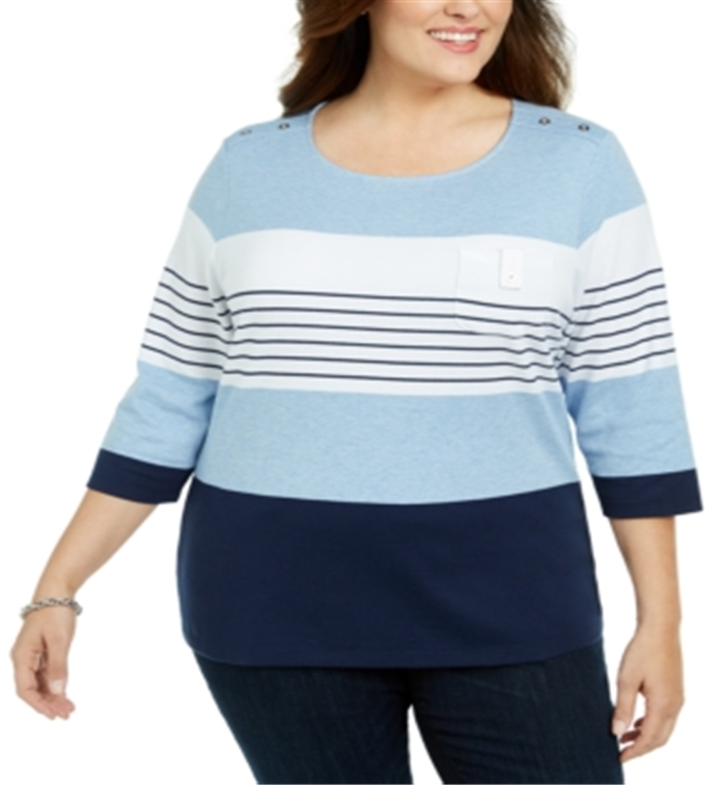Karen Scott Women's Scoop Neck Colorblocked Top Blue Size 1X