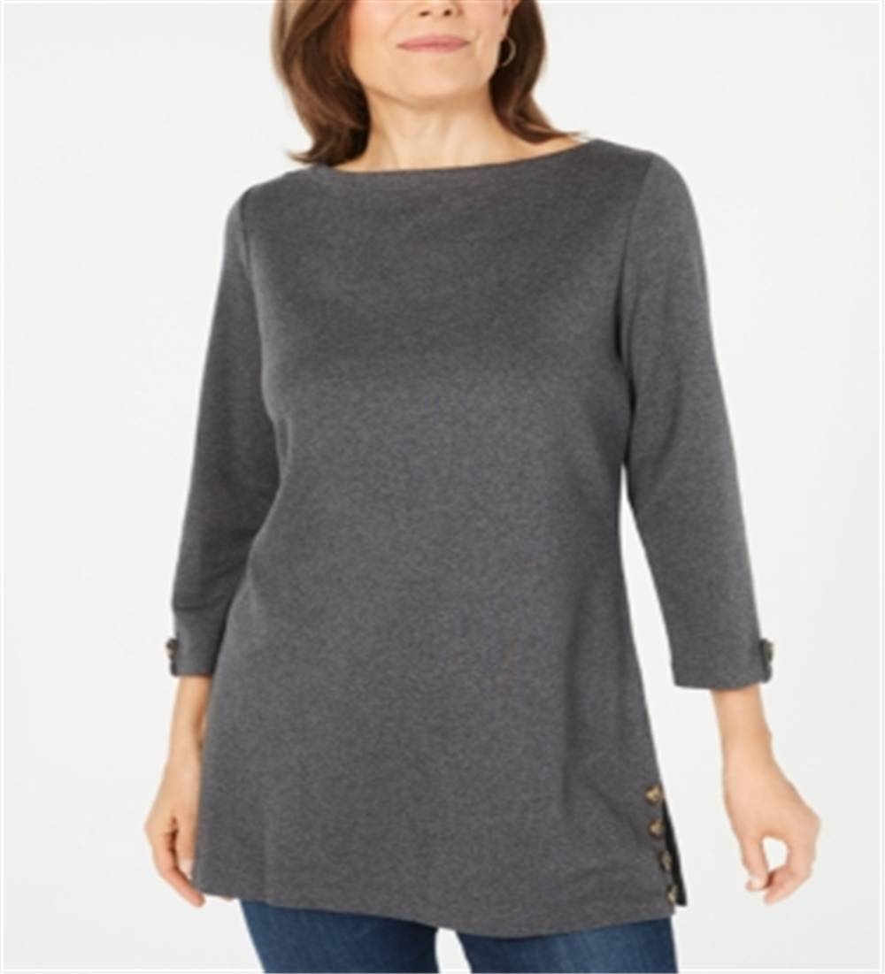 Karen Scott Women's Button Side 3/4 Sleeve Cotton Top Charcoal Size Small