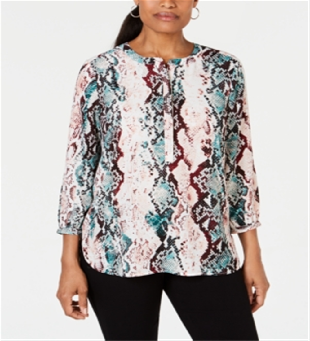 JM Collection Women's Printed 3/4 Sleeve Top White Size Petite S/M