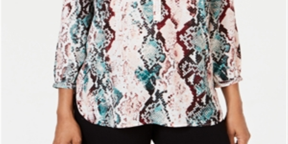 JM Collection Women's Printed 3/4 Sleeve Top White Size Petite S/M