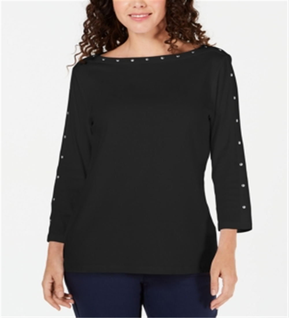Karen Scott Women's Studded Boat Neck Cotton Top Black Size Petite L