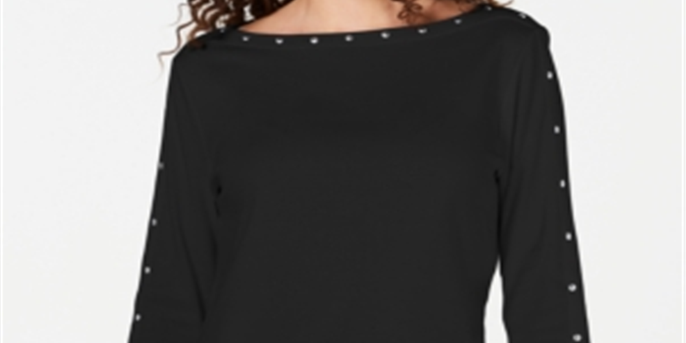 Karen Scott Women's Studded Boat Neck Cotton Top Black Size Petite L