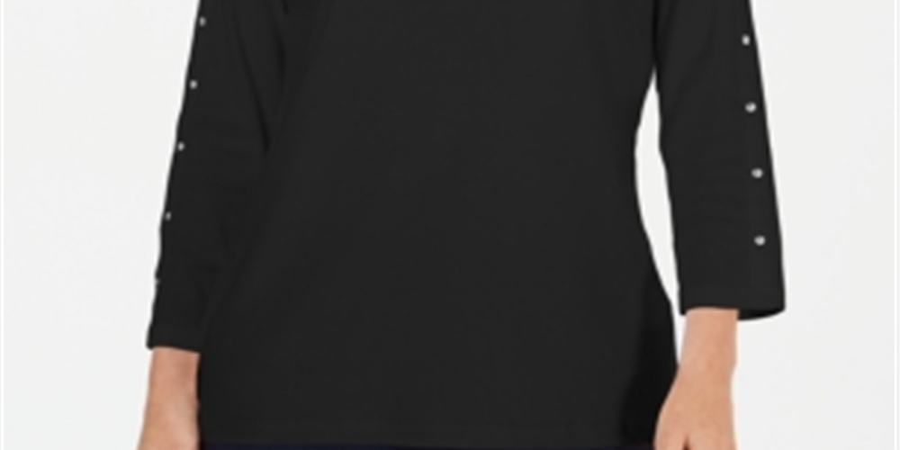 Karen Scott Women's Studded Boat Neck Cotton Top Black Size Petite L