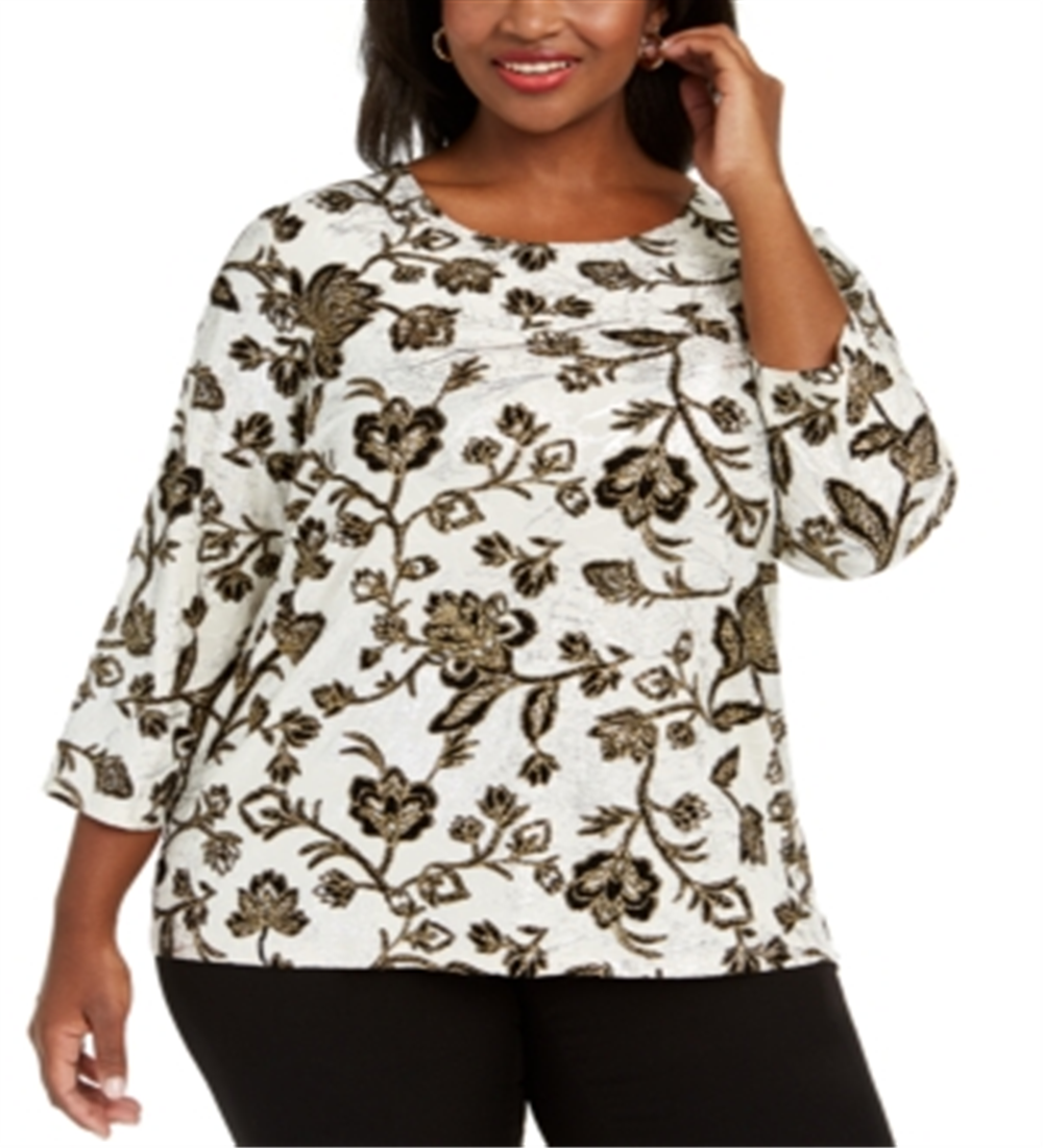 JM Collection Women's Plus Metallic Floral Print Top Brown -Gold  Size 0X