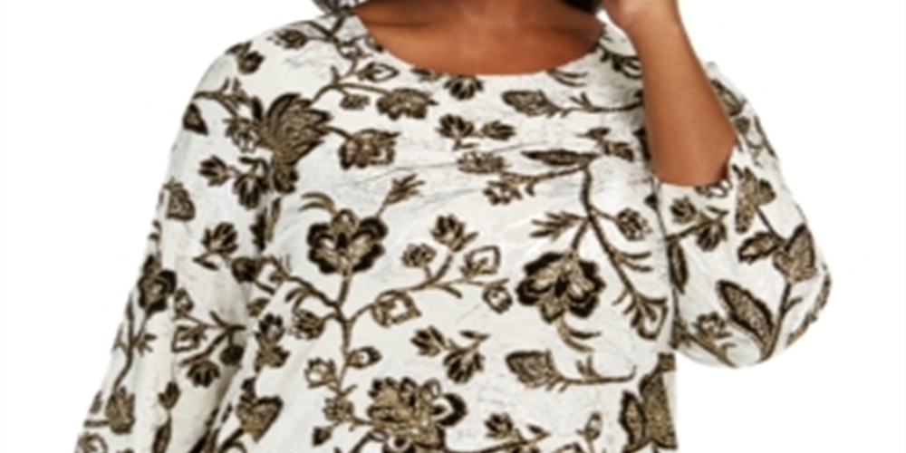 JM Collection Women's Plus Metallic Floral Print Top Brown -Gold  Size 0X