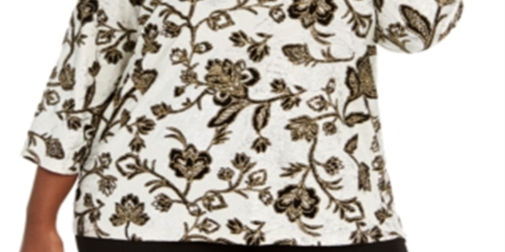 JM Collection Women's Plus Metallic Floral Print Top Brown -Gold  Size 0X