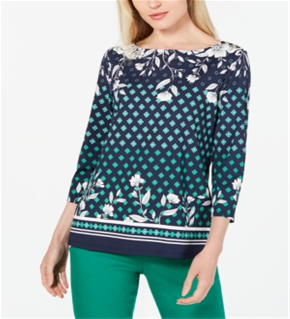 Charter Club Women's Floral Print Top Blue Size Petite Medium