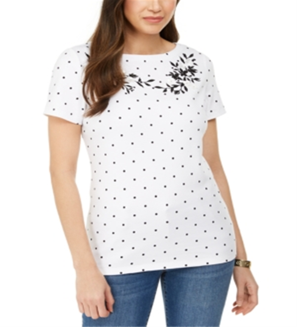 Karen Scott Women's Printed Embroidered Boat Neck Cotton Top White Size Large