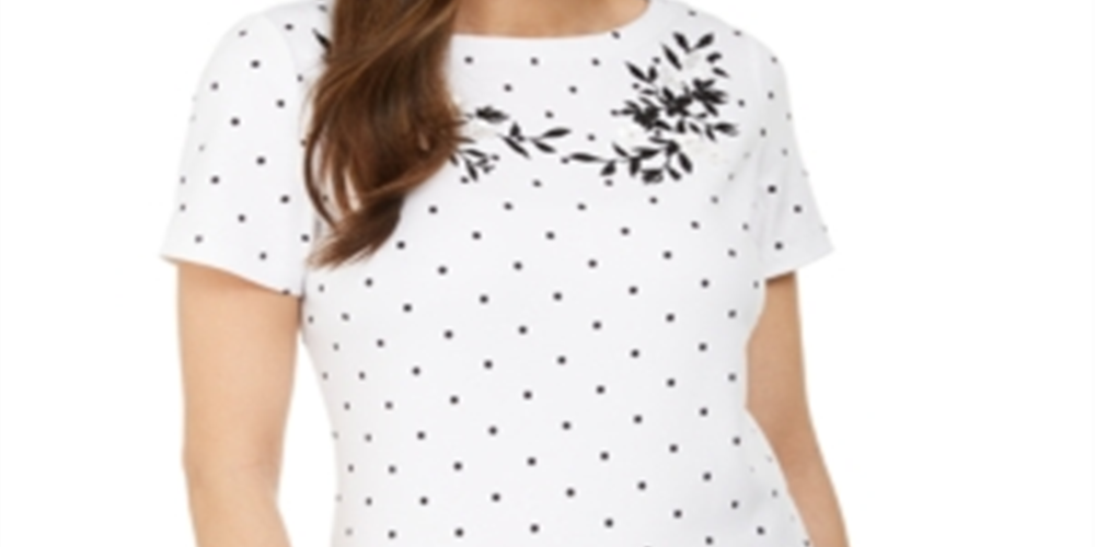 Karen Scott Women's Printed Embroidered Boat Neck Cotton Top White Size Large