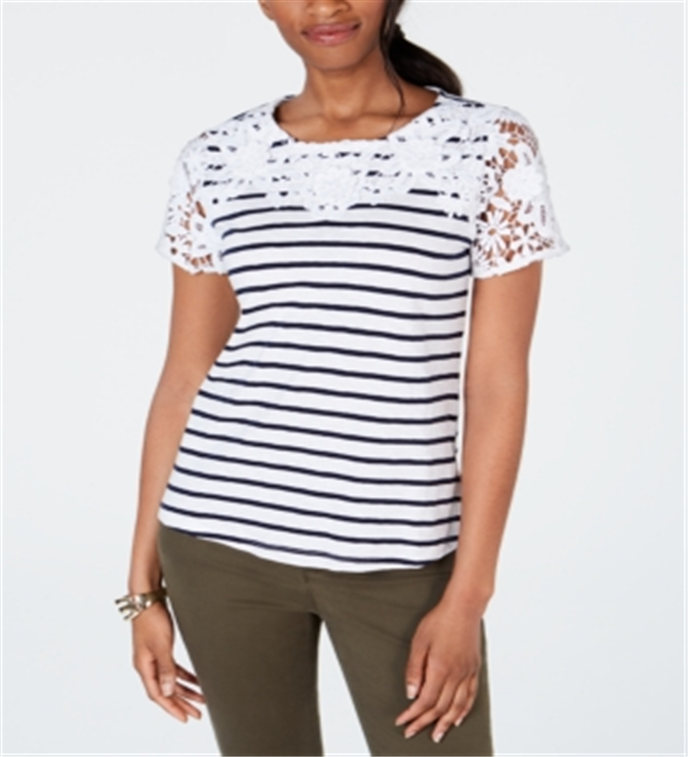 Charter Club Women's Cotton Crochet Striped Top White Size Medium