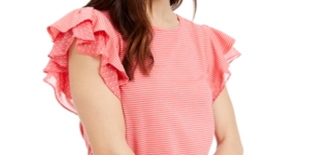 Maison Jules Women's Mini Stripe Flutter Sleeve Knit Top Coral Size XS