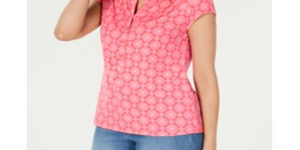 Charter Club Women's Printed Polo Top Pink Size Large