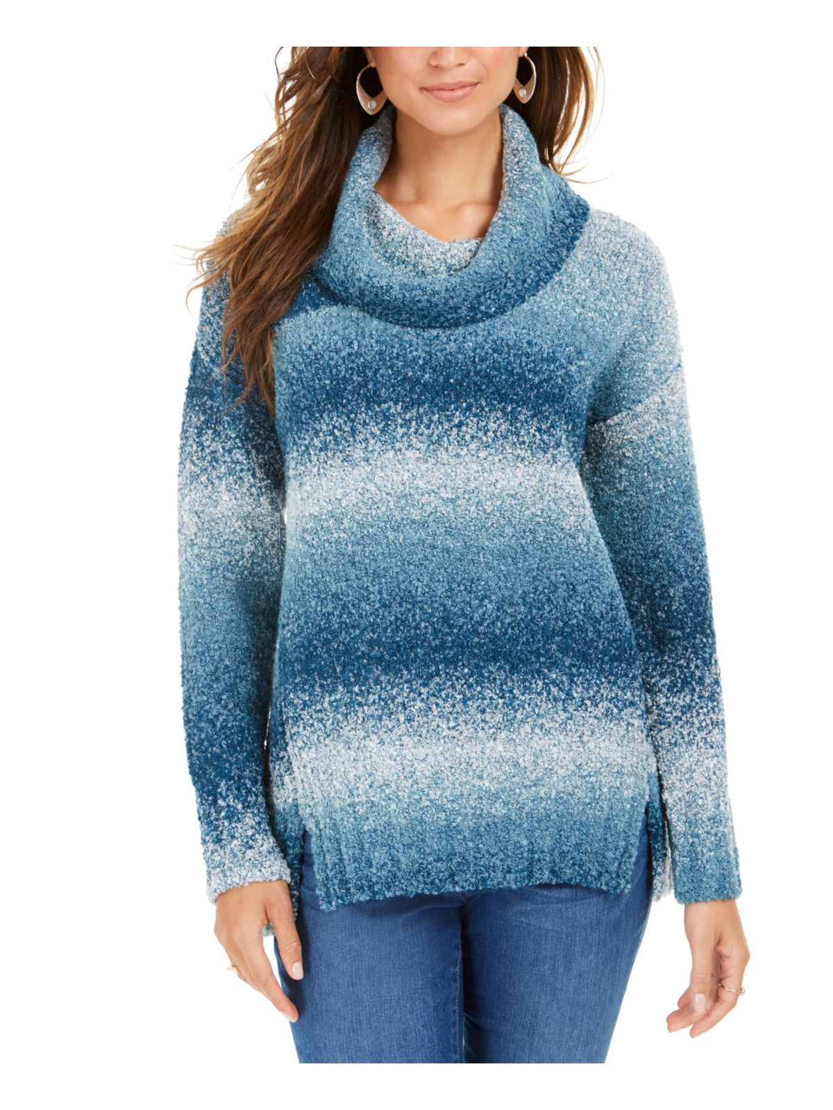 Style & Co Women's Teal Color Block Long Sleeve Turtle Neck T-Shirt Sweater Blue Size Petite Medium