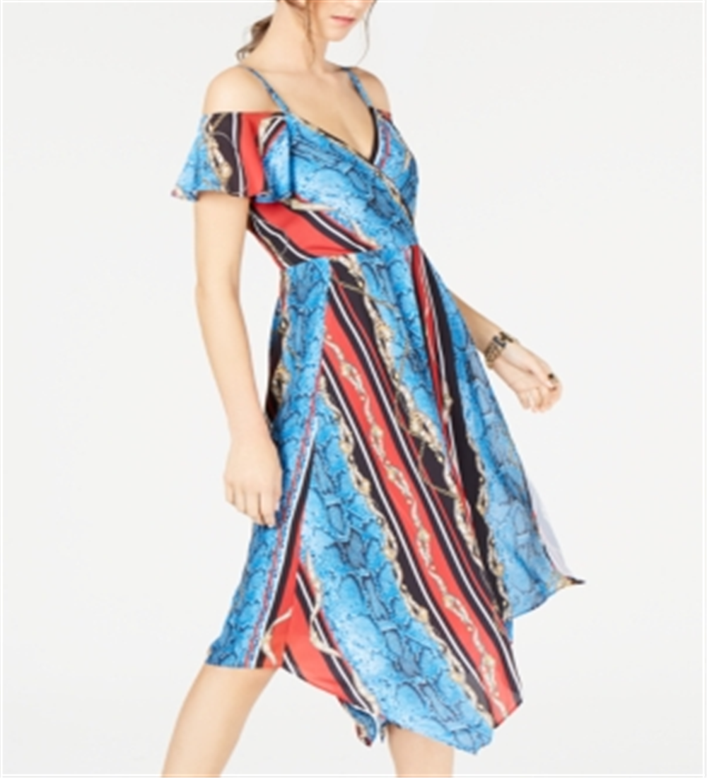 INC International Concepts Women's Printed Cold Shoulder Dress Blue Multi Size 12 Petite