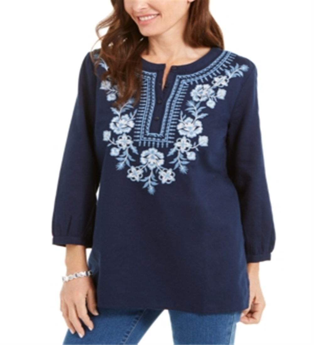 Charter Club Women's Metallic-Embroidery Linen Blend Tunic Blue Size Medium