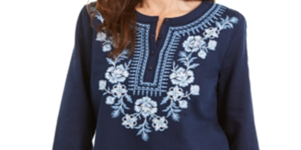 Charter Club Women's Metallic-Embroidery Linen Blend Tunic Blue Size Medium