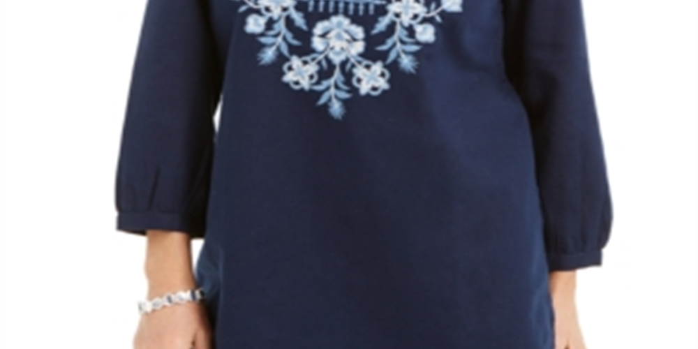 Charter Club Women's Metallic-Embroidery Linen Blend Tunic Blue Size Medium