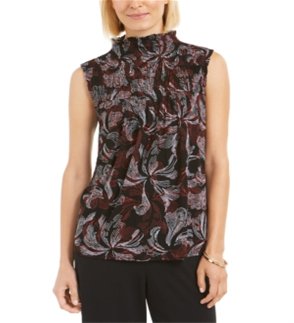 Alfani Women's Petite Smocked Mock Neck Top Red Petite Small