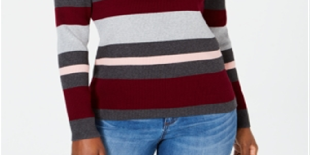 Karen Scott Women's Striped Mock Neck Cotton Sweater Red Size Medium