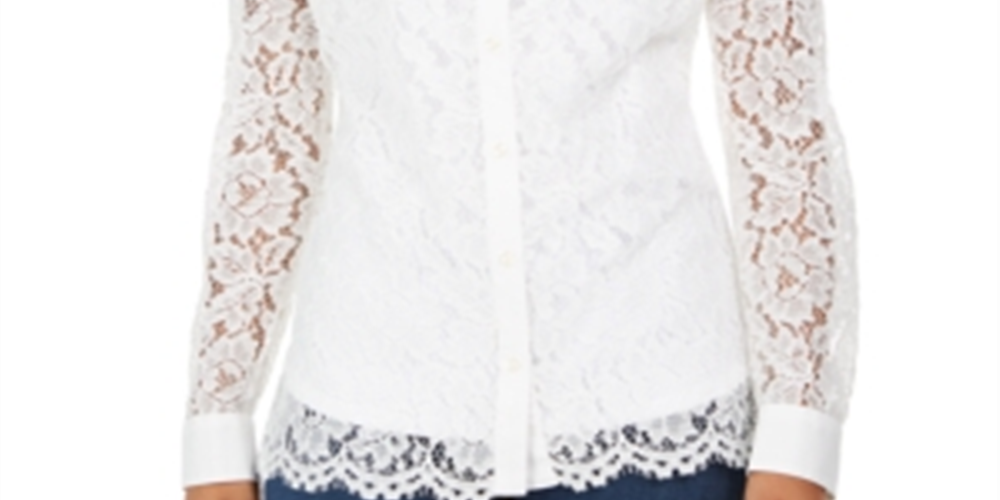 Charter Club Women's Lace Button up Shirt White Size S